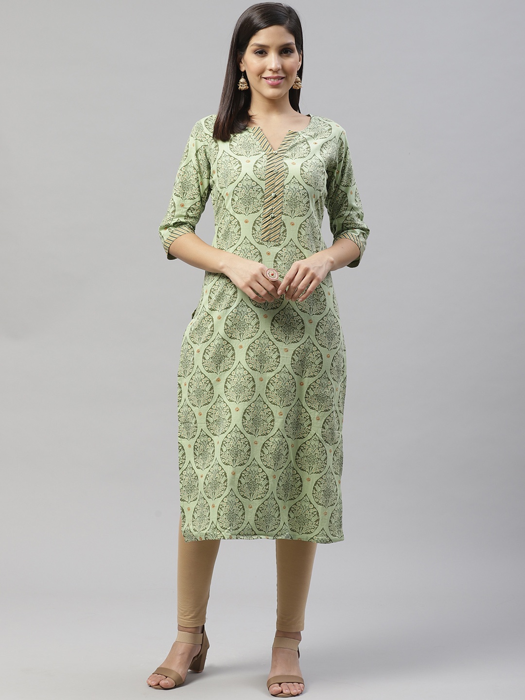 

SILVER STOCK Women Green & Mustard Yellow Printed Straight Handloom Kurta