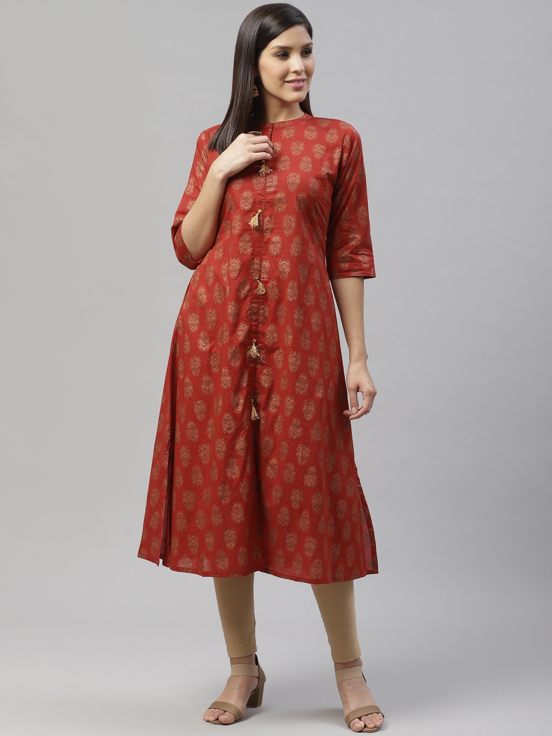 

SILVER STOCK Women Rust Red & Golden Foil Print A-Line Kurta
