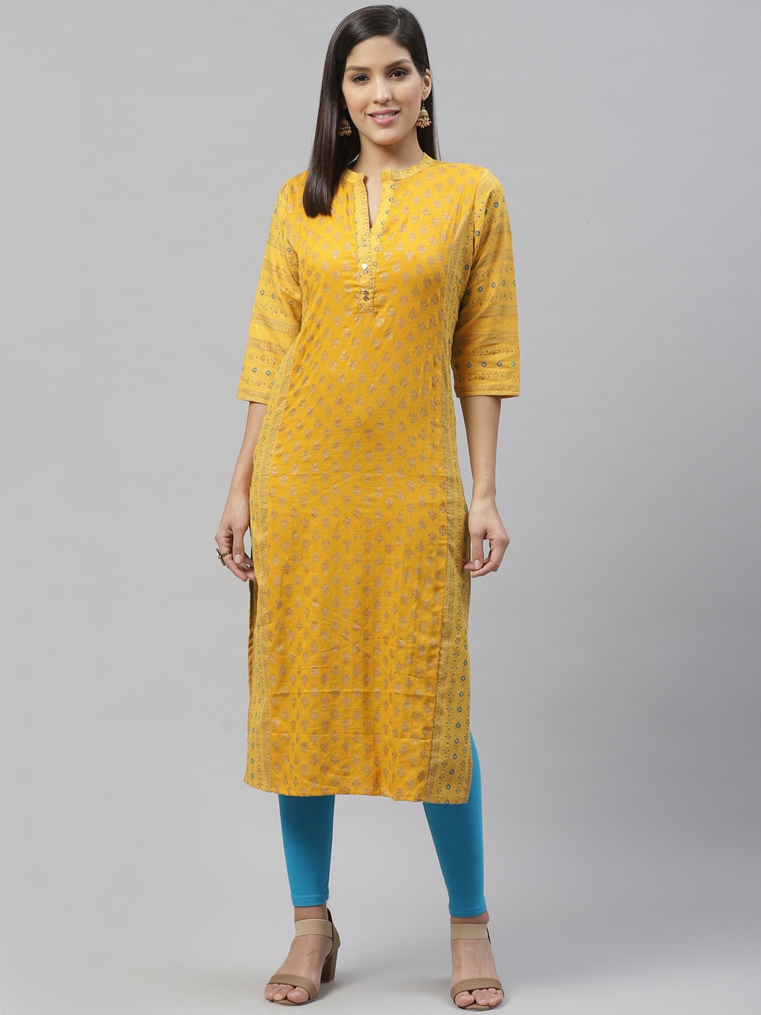 

SILVER STOCK Women Mustard Yellow Foil Print Jacquard Weave Straight Kurta