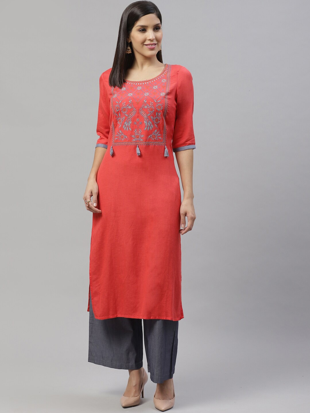 

SILVER STOCK Women Coral Red & Grey Yoke Design Straight Kurta