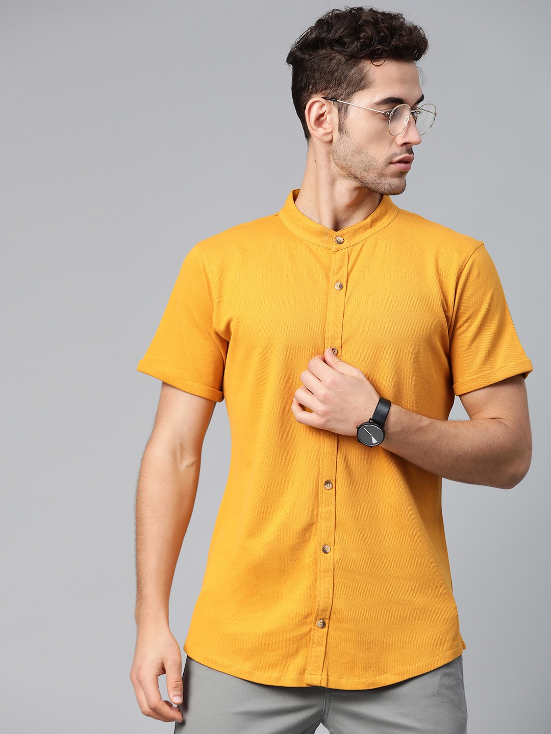 

ManQ CASUAL Men Mustard Yellow Knitted Slim Fit Solid Casual Shirt