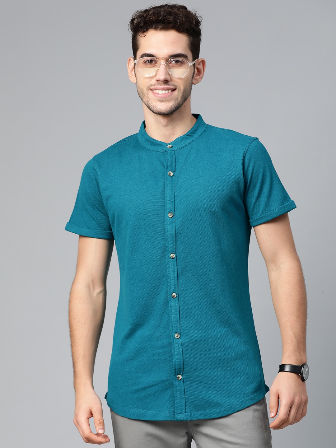 

ManQ CASUAL Men Teal Blue Knitted Slim Fit Solid Casual Shirt