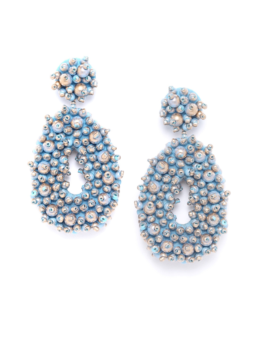 

Blueberry Blue & Gold-Toned Handcrafted Beaded Teardrop-Shaped Drop Earrings