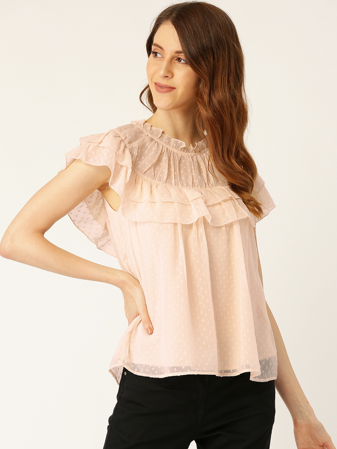 

Antheaa Women Peach-Coloured Self Design A-Line Top