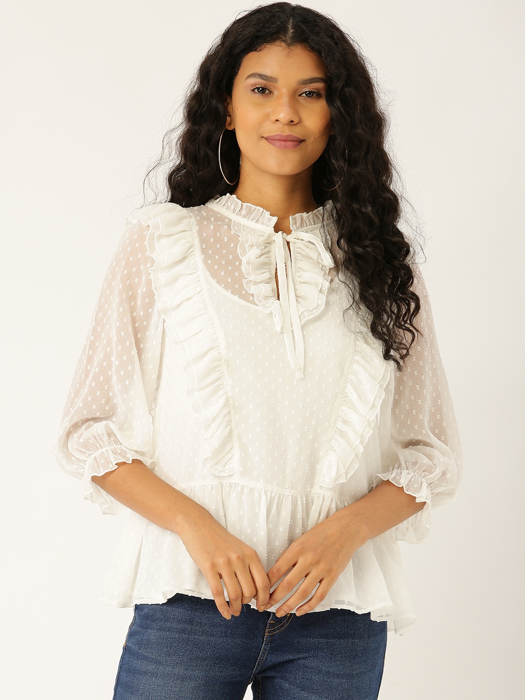 

Antheaa Women White Self Design Victorian A-Line Top