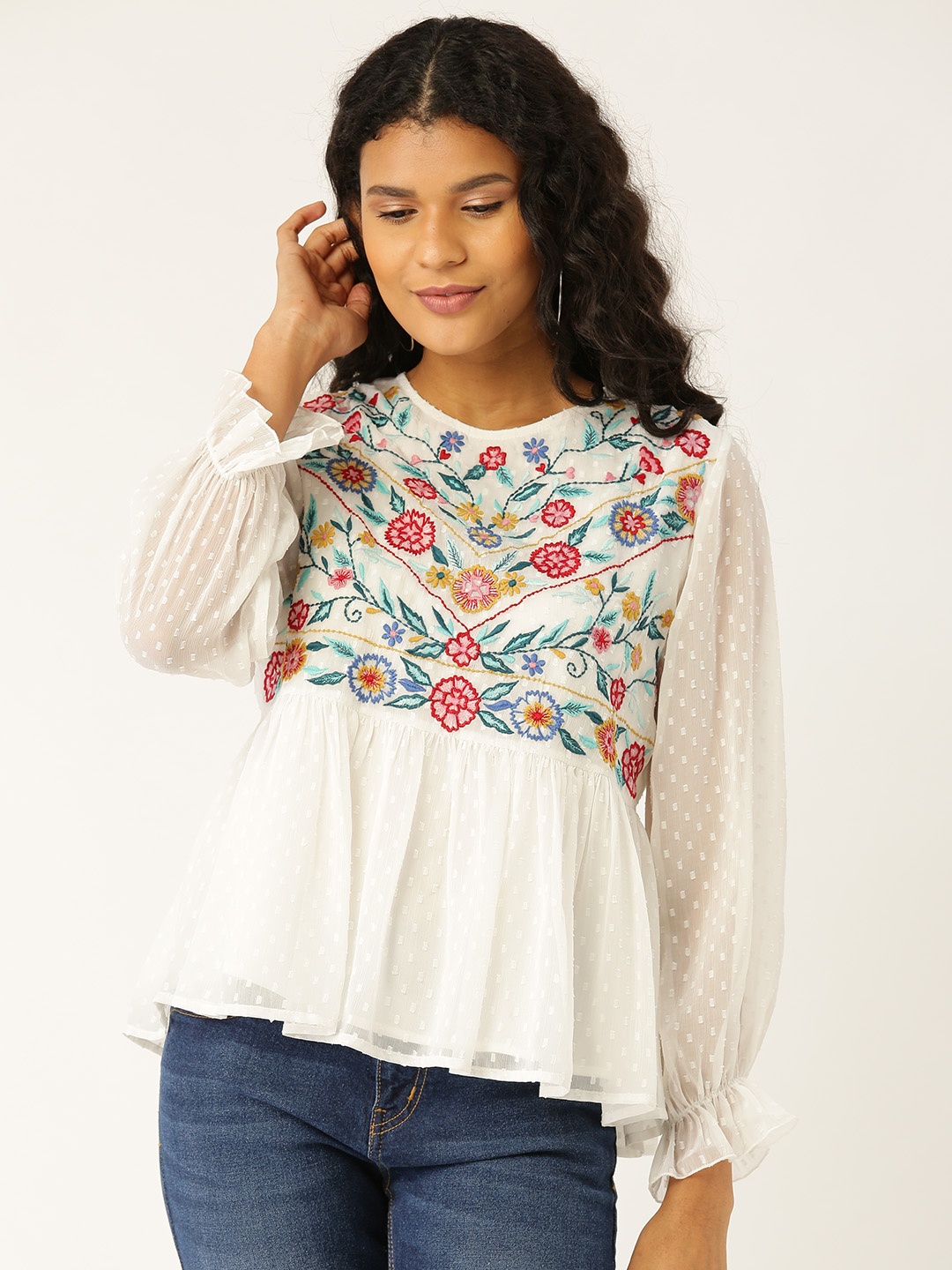

Antheaa Women Off-White & Green Embroidered A-Line Top