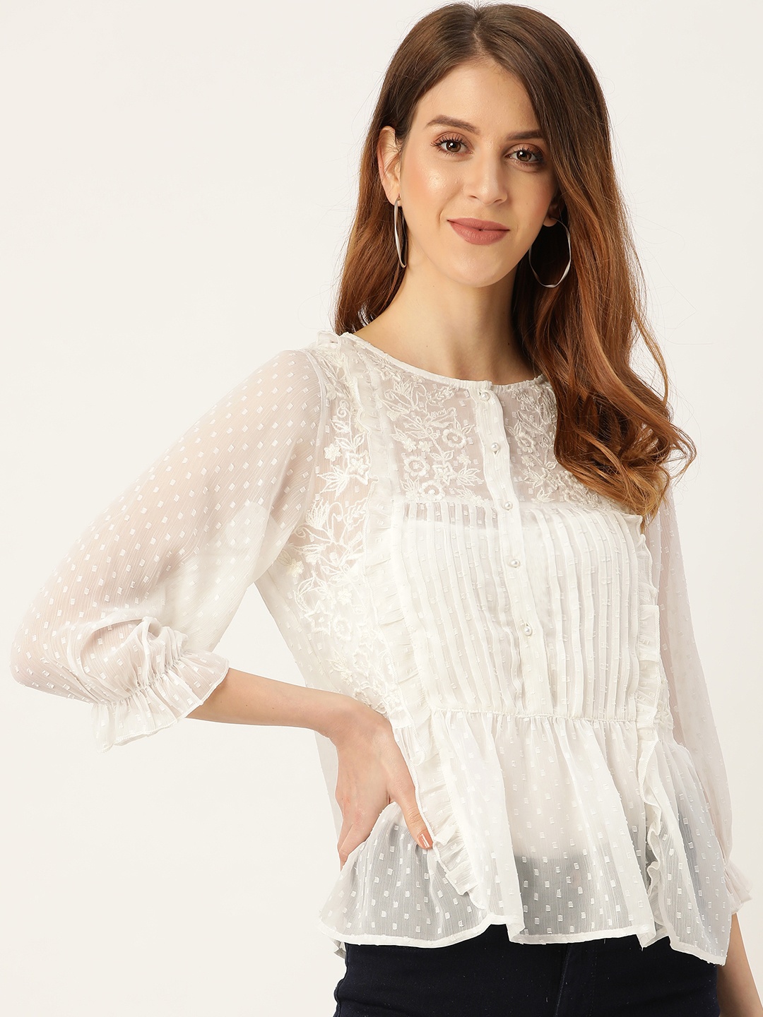 

Antheaa Women Off-White Dobby Weave Semi-Sheer A-Line Top