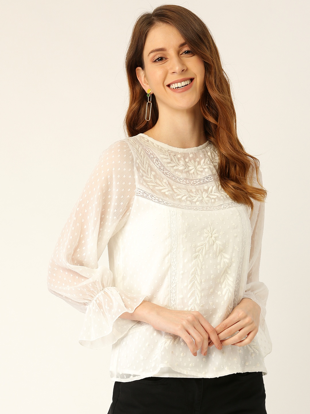 

Antheaa Women Off-White Embroidered Top
