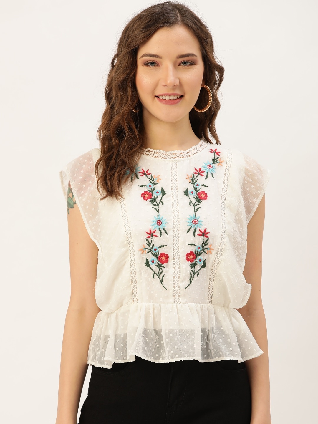 

Antheaa Women Off-White & Blue Embroidered Cinched Waist Top