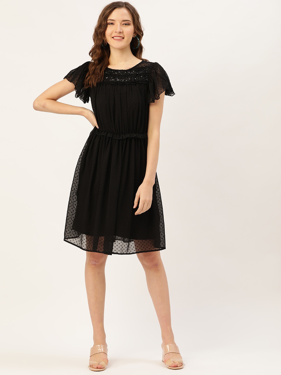 

Antheaa Women Black Self Design A-Line Dress