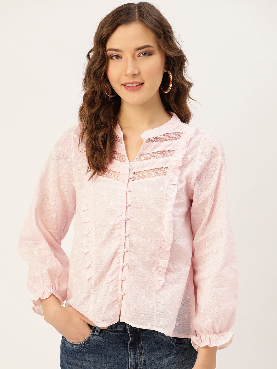 

Antheaa Women Pink Self Design Shirt Style Top
