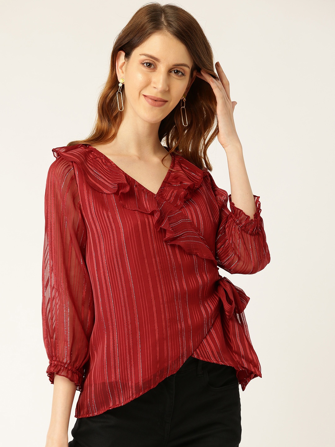 

Antheaa Women Red & Silver Shimmer Striped Wrap Top
