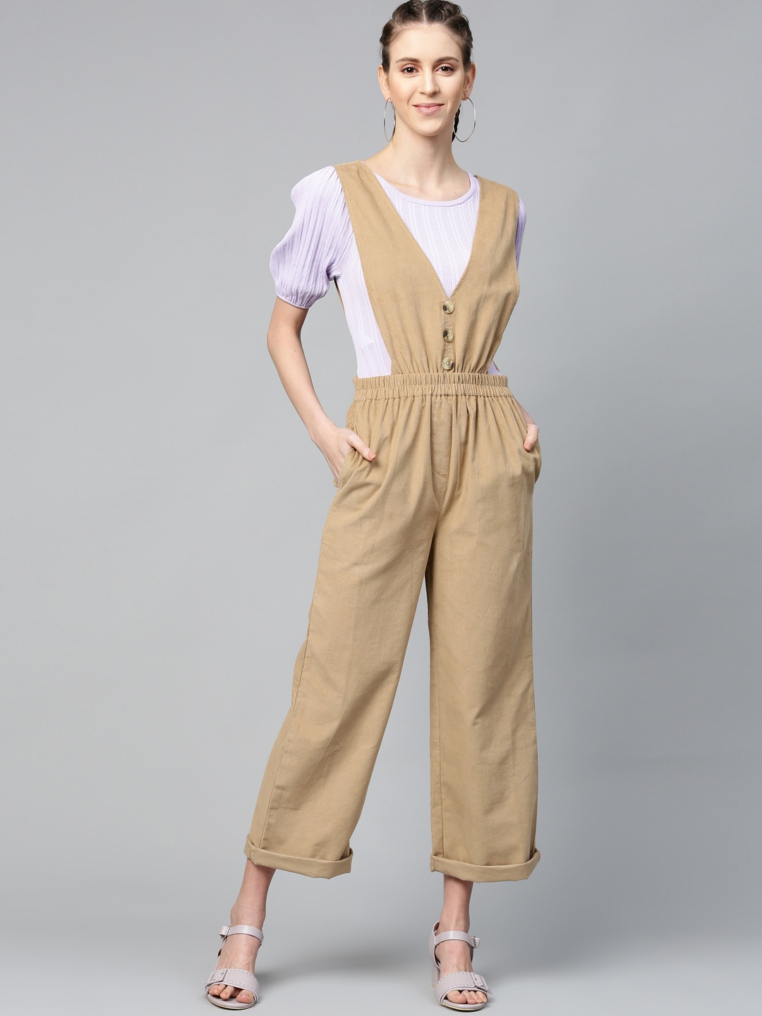 

SASSAFRAS Women Beige Solid Basic Corduroy Jumpsuit