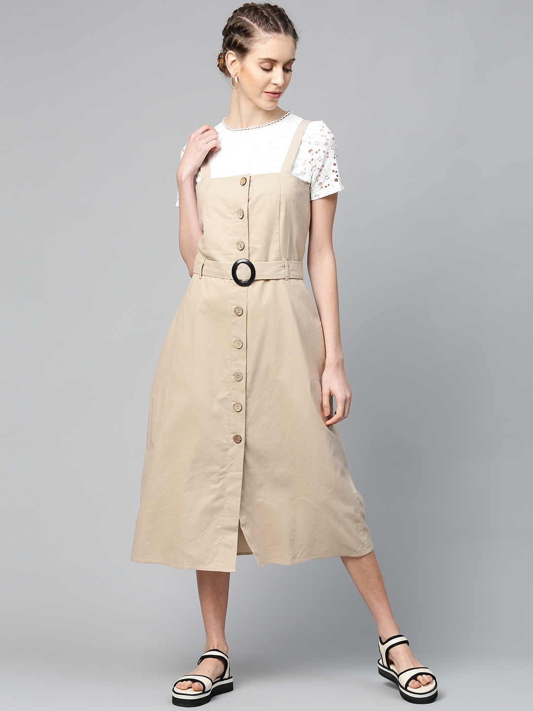 

SASSAFRAS Women Beige Solid A-Line Dress