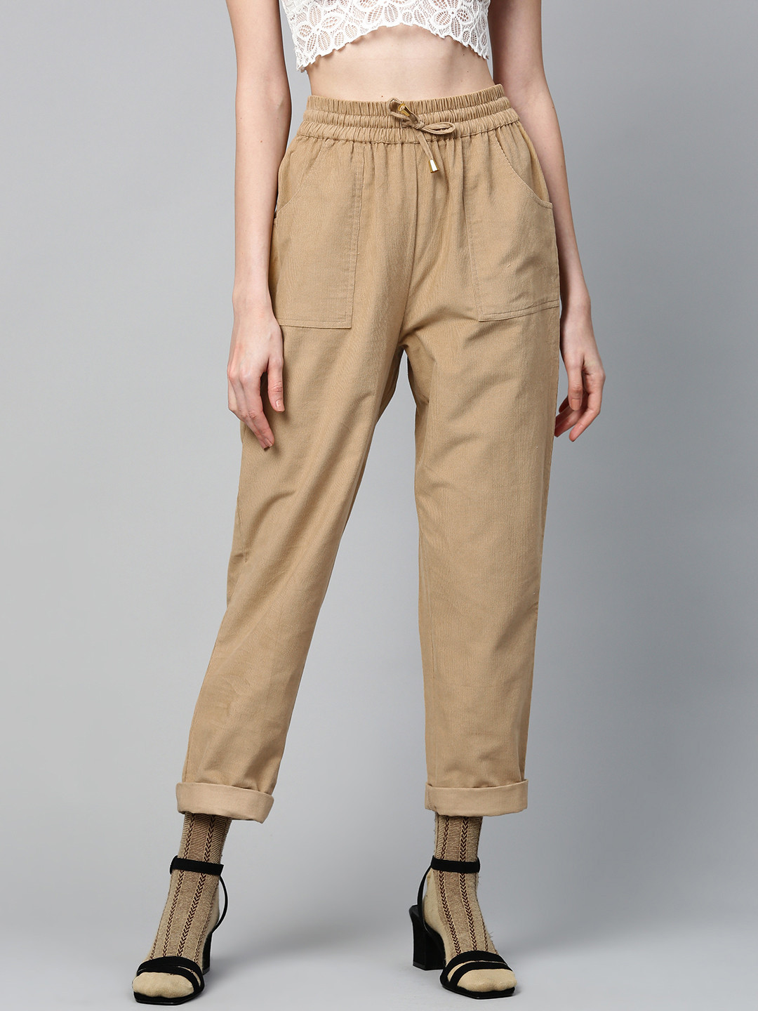 

SASSAFRAS Women Beige Regular Fit Solid Corduroy Trousers