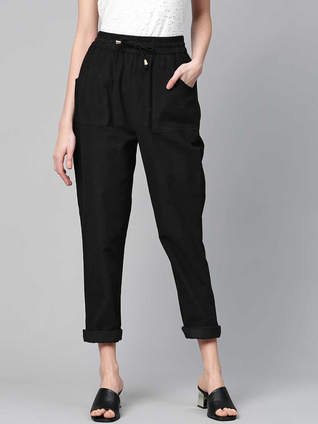

SASSAFRAS Women Black Regular Fit Solid Corduroy Trousers