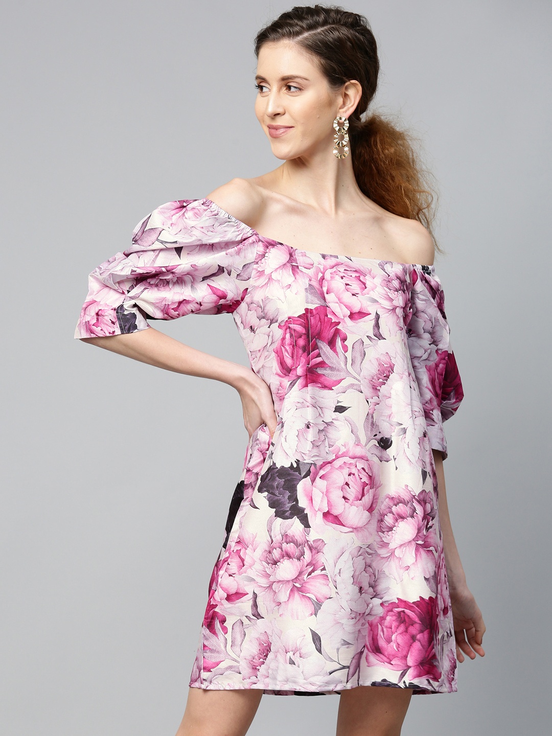 

SASSAFRAS Women Lavender & Pink Pleated Floral Print Off-Shoulder A-Line Dress