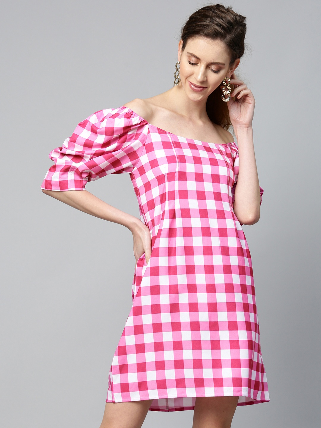 

SASSAFRAS Women Pink & White Pleated Checked Off-Shoulder A-Line Dress