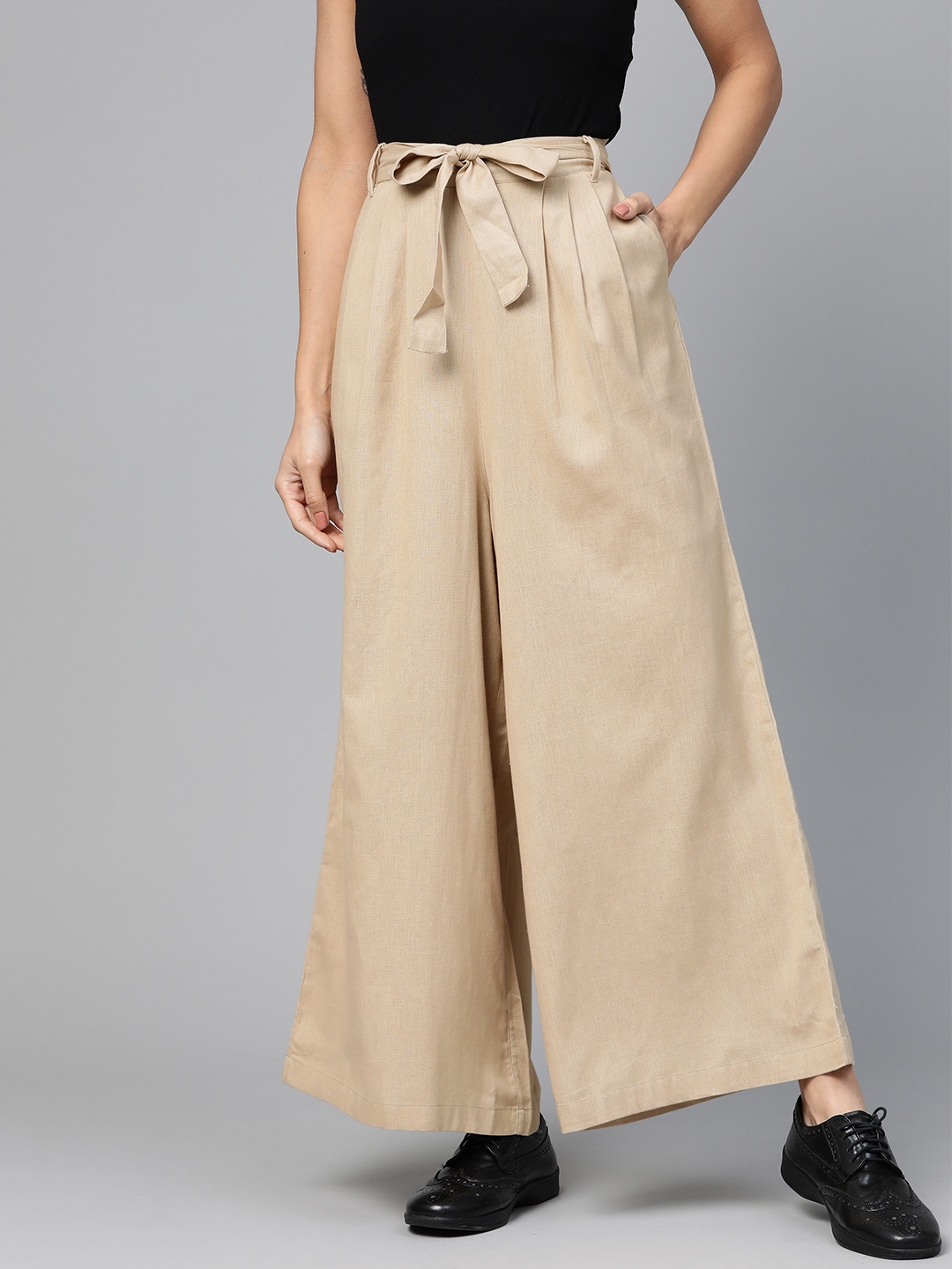 

SASSAFRAS Women Beige Regular Fit Solid Parallel Trousers