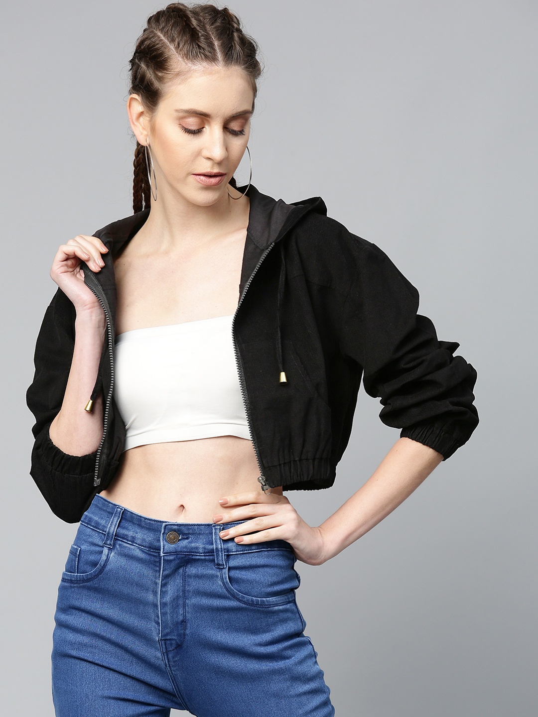 

SASSAFRAS Women Black Solid Corduroy Cropped Bomber Jacket