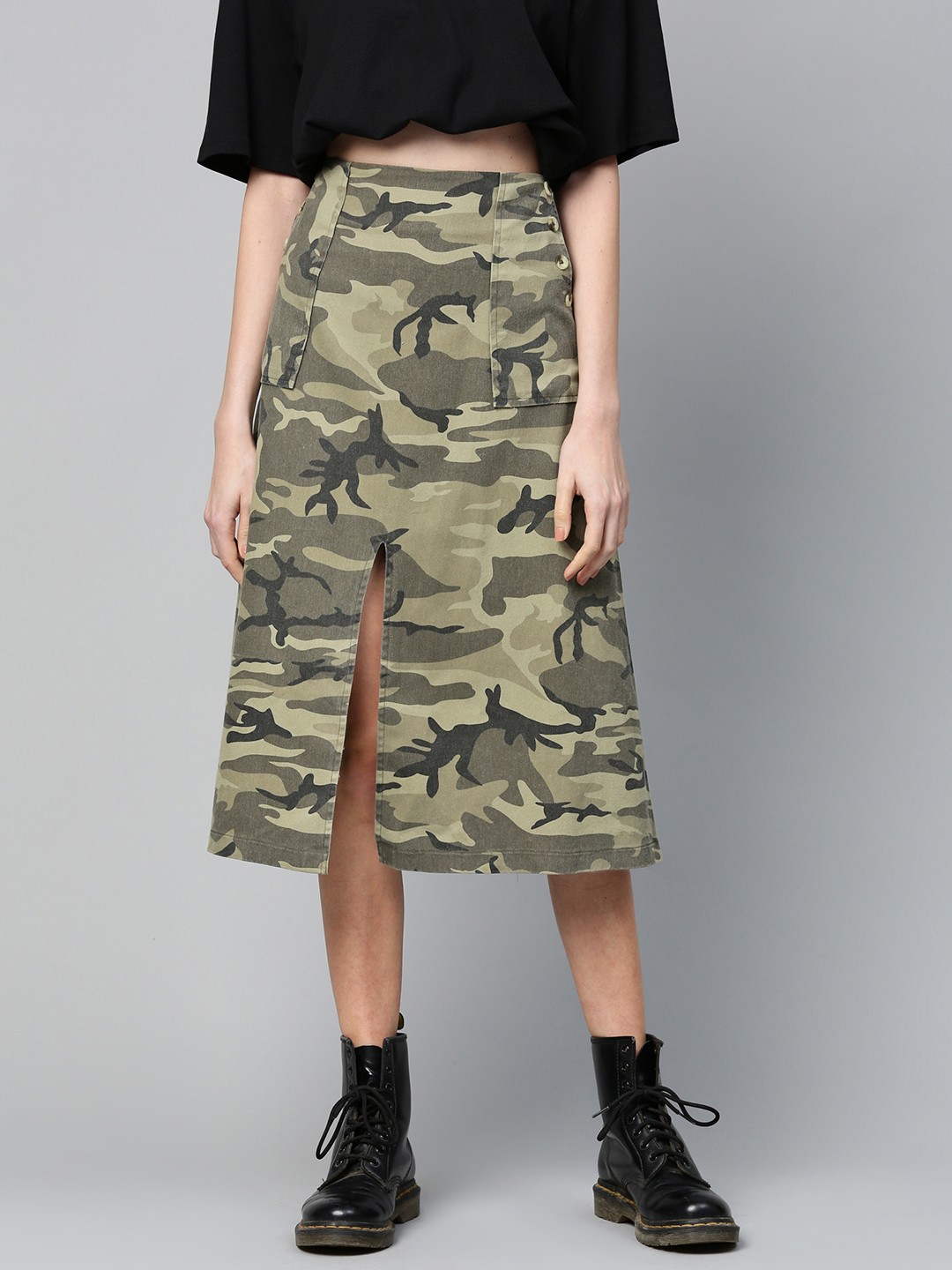 

SASSAFRAS Women Green & Charcoal Grey Twill Weave Camouflage Print A-Line Pure Cotton Skirt