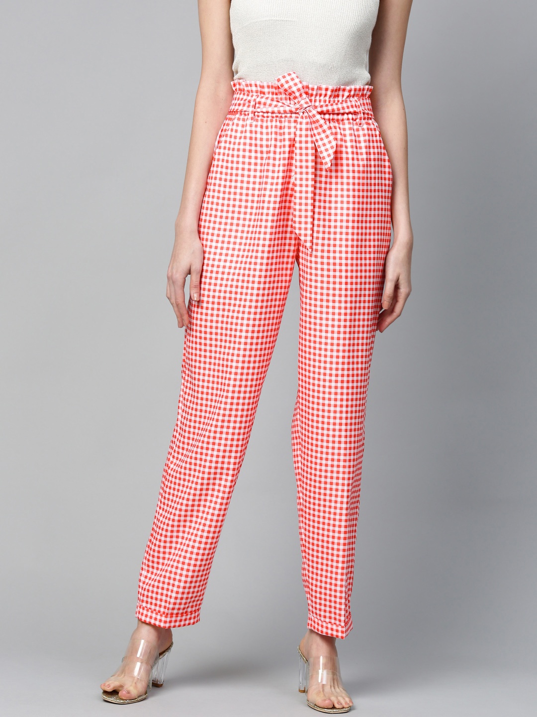 

SASSAFRAS Women Red & White Tapered Fit Checked Regular Trousers