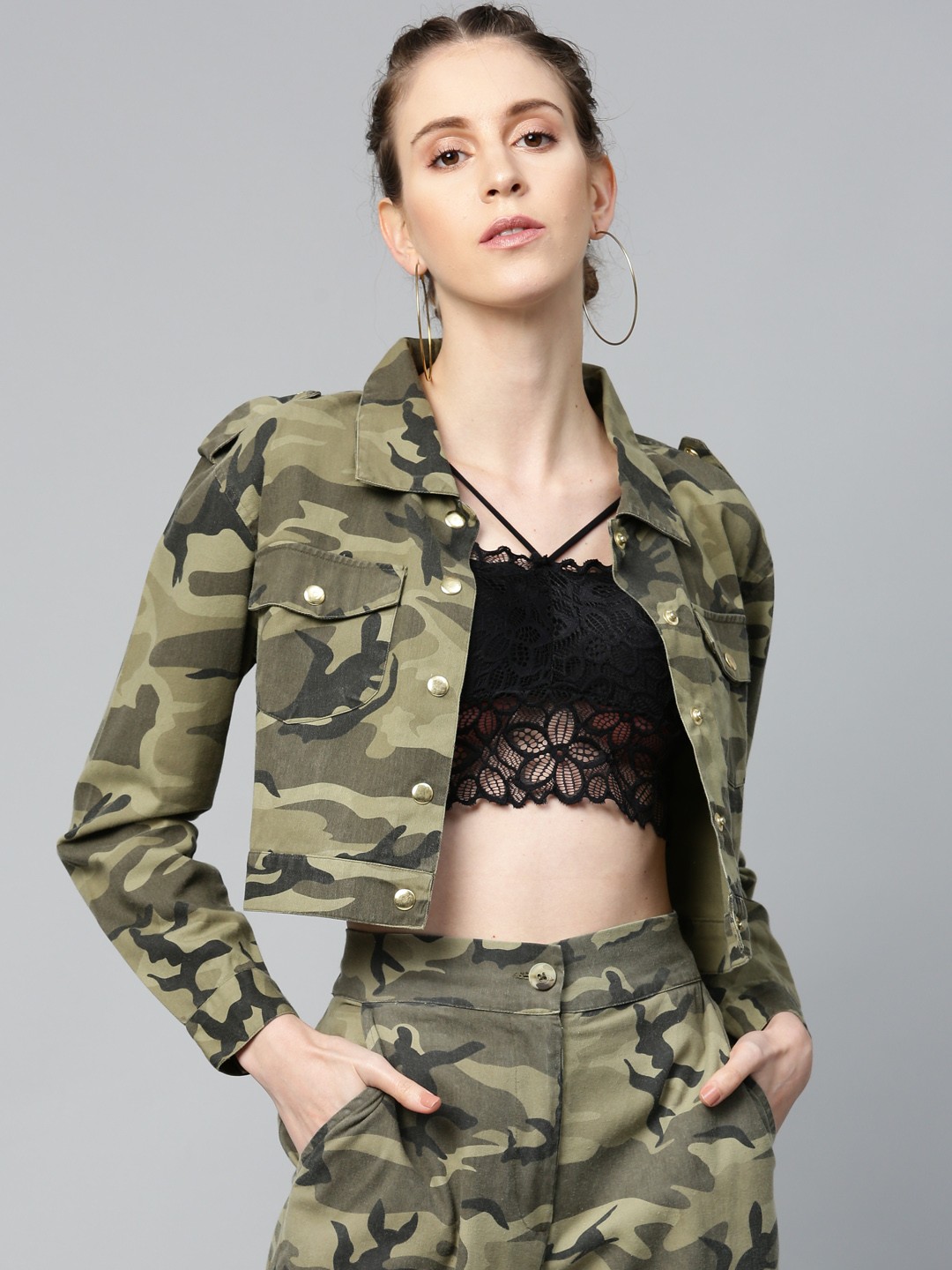 

SASSAFRAS Women Green Camouflage Printed Crop Tailored Jacket