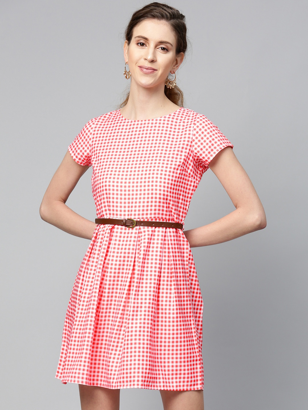 

SASSAFRAS Women Coral Red & White Pleated Checked Fit and Flare Dress With Belt