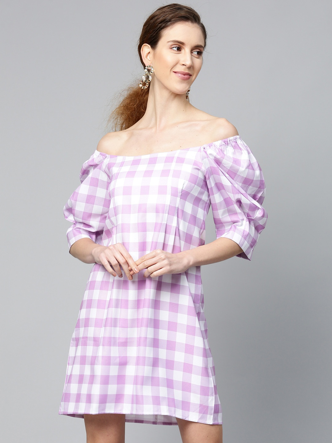 

SASSAFRAS Women Lavender & White Pleated Checked Off-Shoulder A-Line Dress