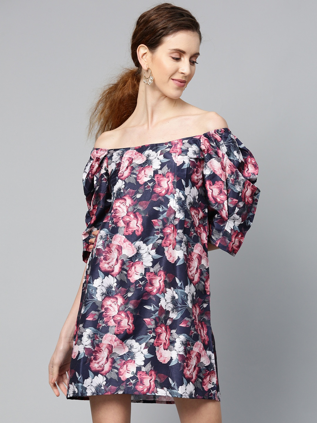 

SASSAFRAS Women Navy Blue & Pink Pleated Floral Print Off-Shoulder A-Line Dress