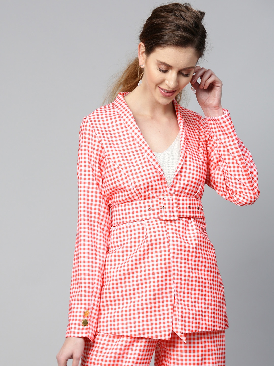 

SASSAFRAS Women Red & White Checked Slim Fit Front Open Casual Blazer