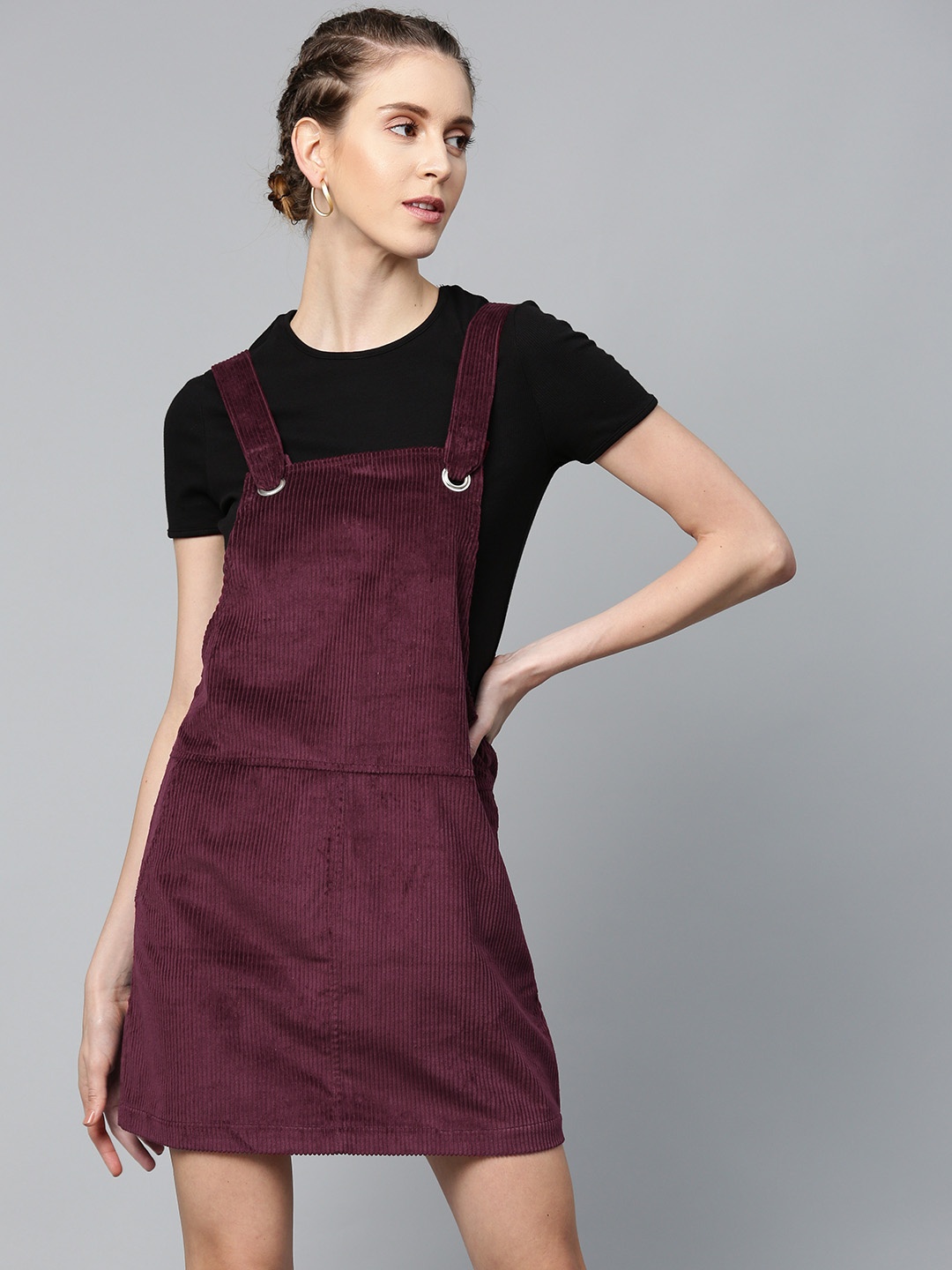 

SASSAFRAS Women Burgundy Solid Corduroy Pinafore Dress