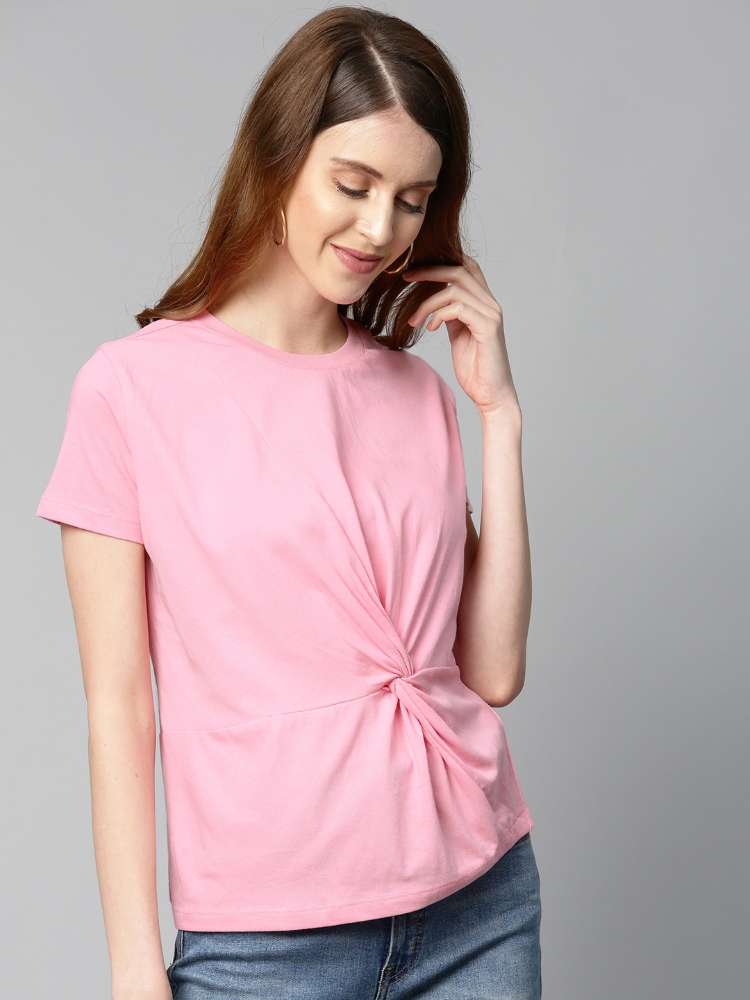 

SASSAFRAS Women Pink Solid Pure Cotton Top