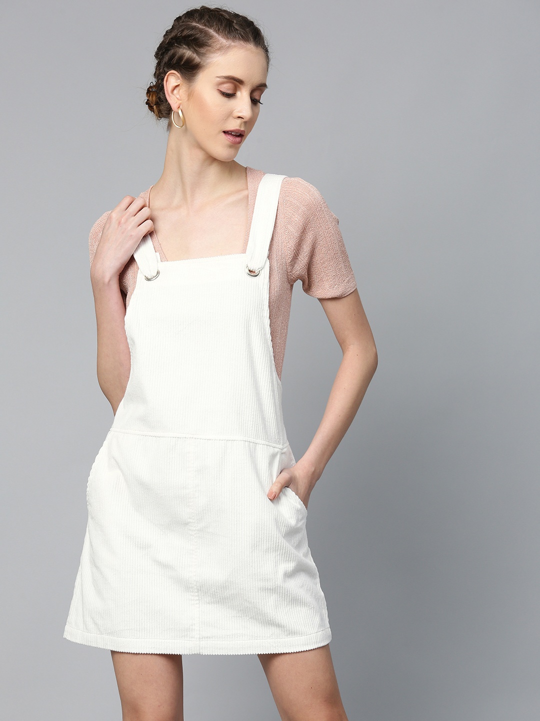 

SASSAFRAS Women White Solid Corduroy Pinafore Dress