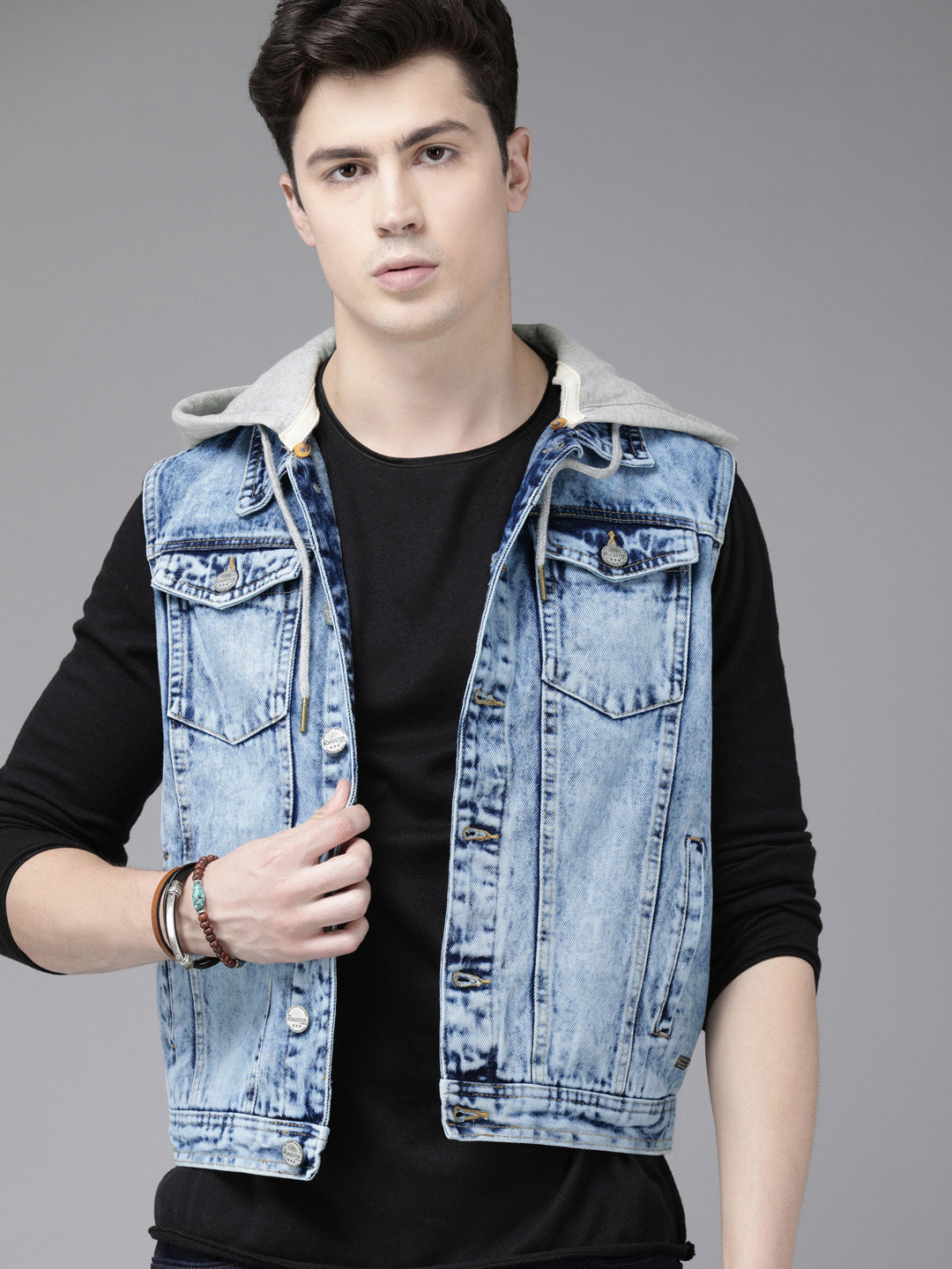 

Roadster Men Blue Solid Denim Hooded Jacket