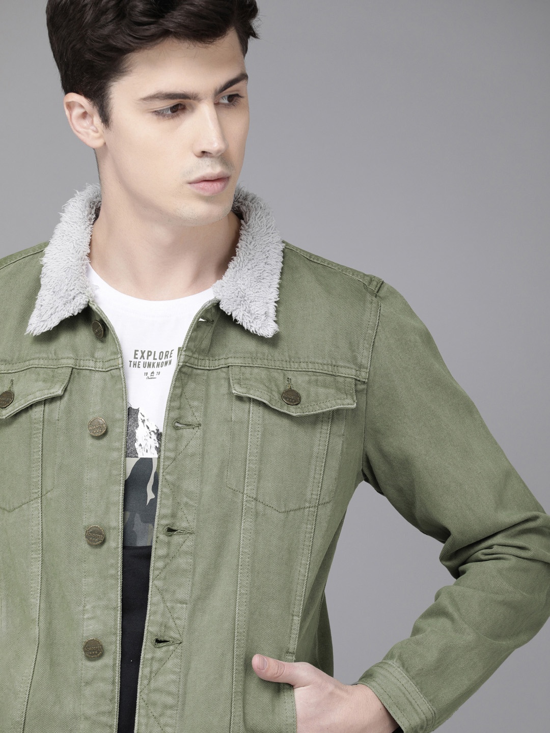 

Roadster Men Olive Green Solid Denim Jacket