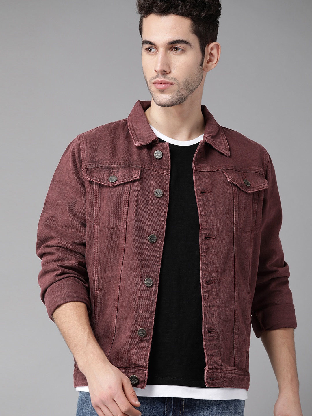 

Roadster Men Burgundy Solid Denim Jacket