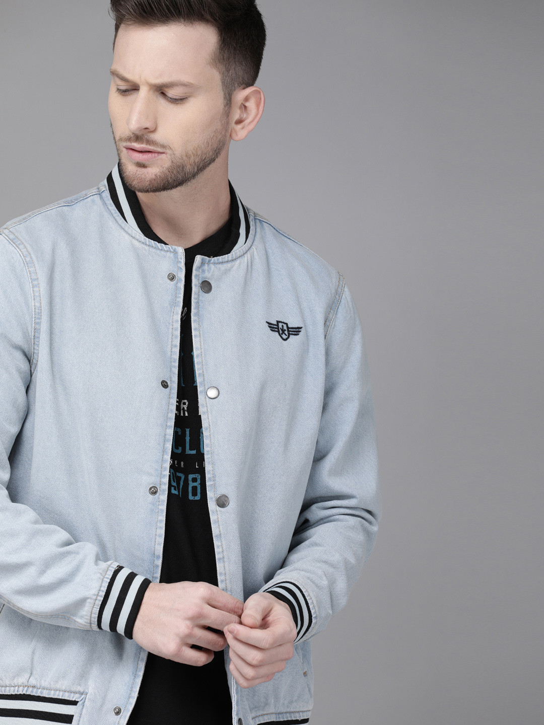 

Roadster Men Blue Solid Denim Bomber Jacket