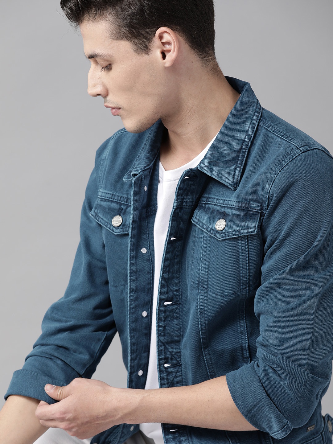 

Roadster Men Navy Blue Solid Denim Jacket