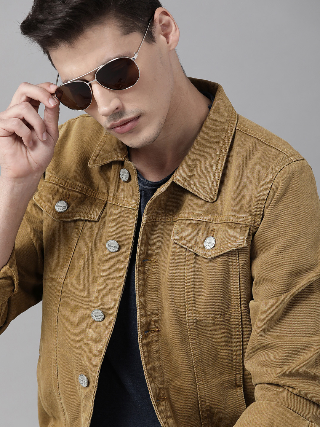 

Roadster Men Olive Brown Solid Denim Jacket