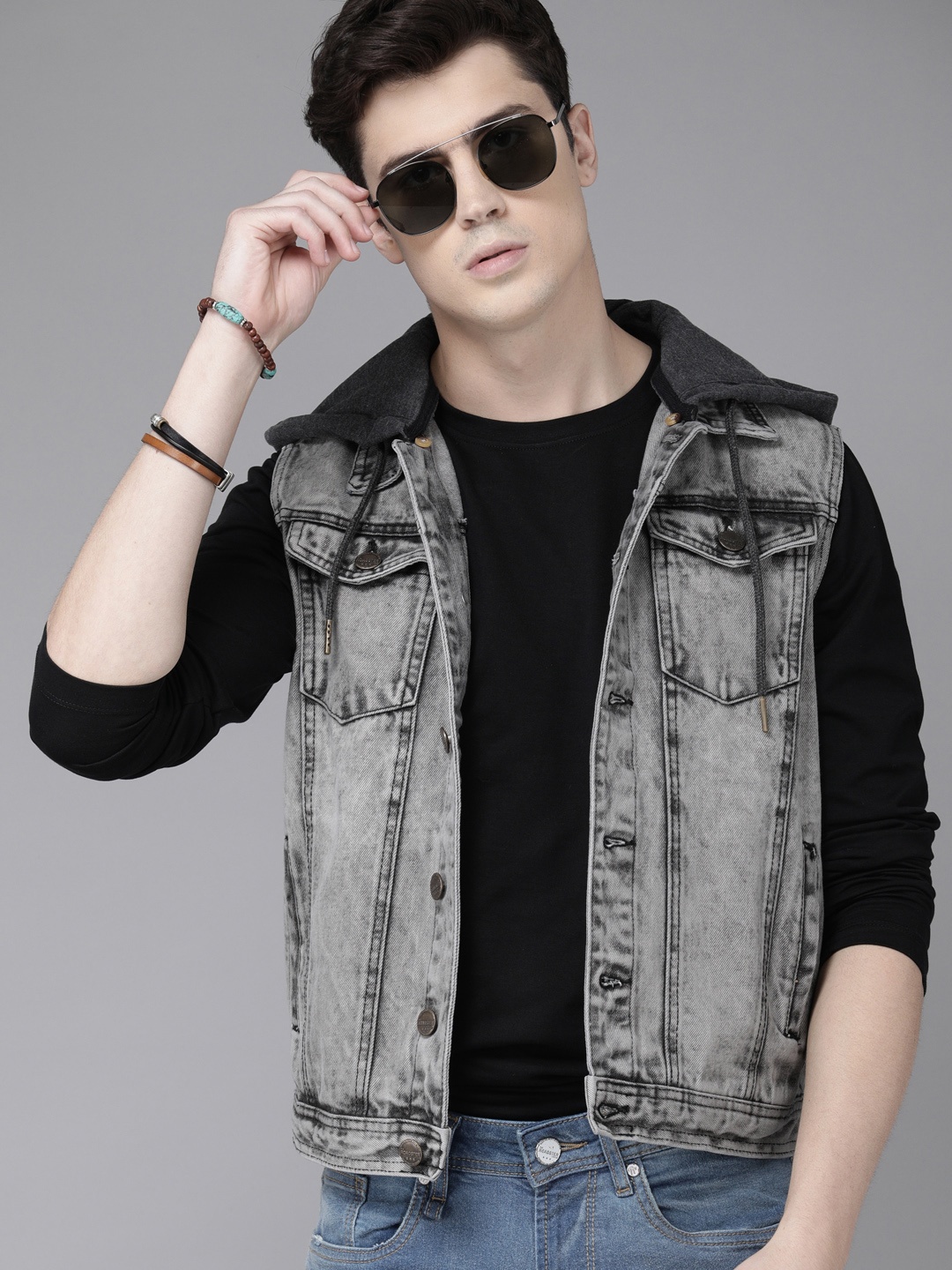 

Roadster Men Black Washed Hooded Denim Jacket