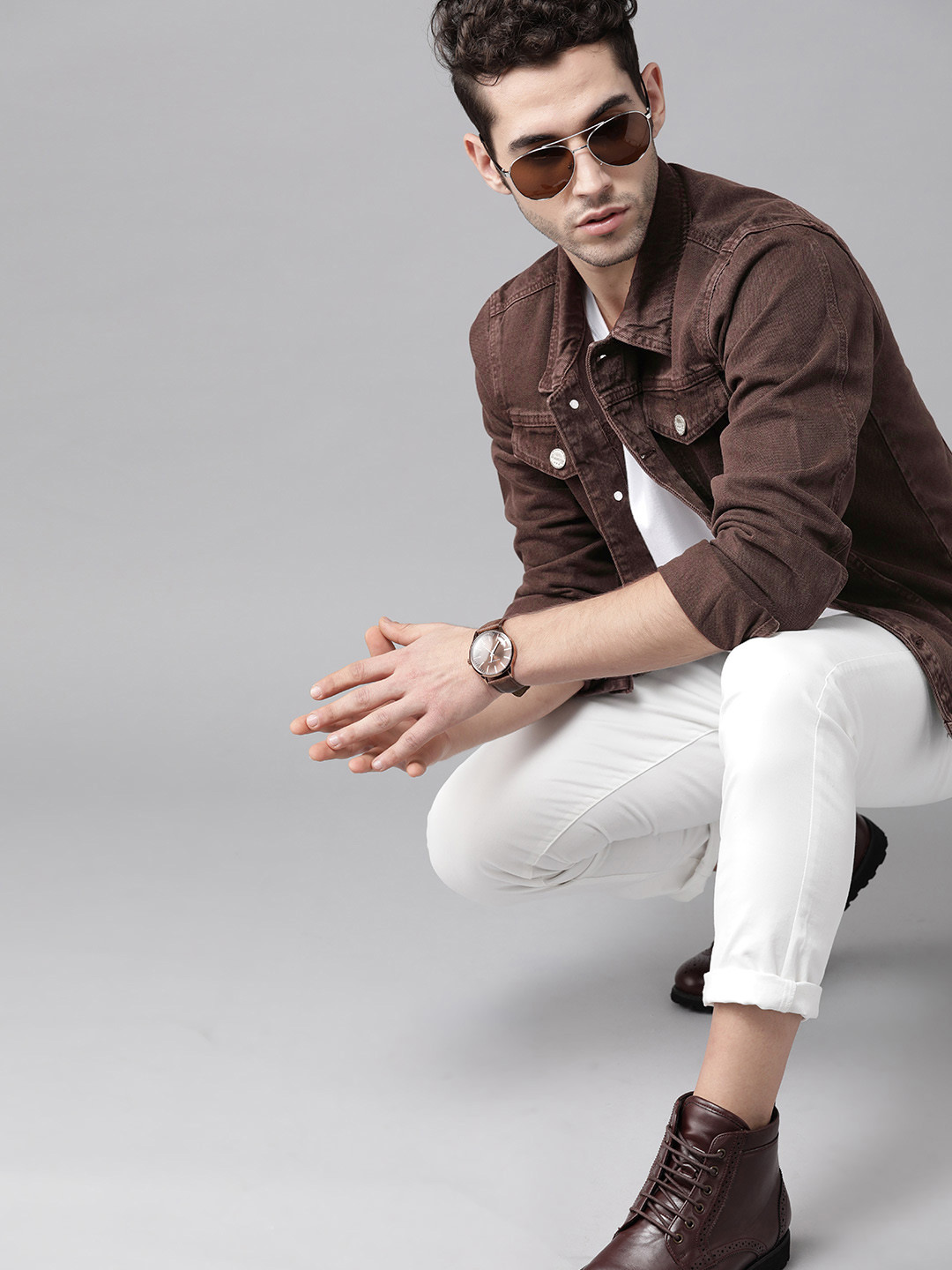 

Roadster Men Coffee Brown Solid Denim Jacket
