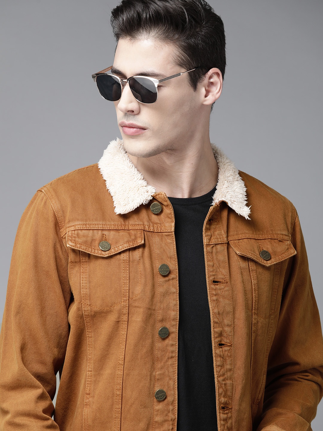 

Roadster Men Mustard Brown Solid Denim Jacket