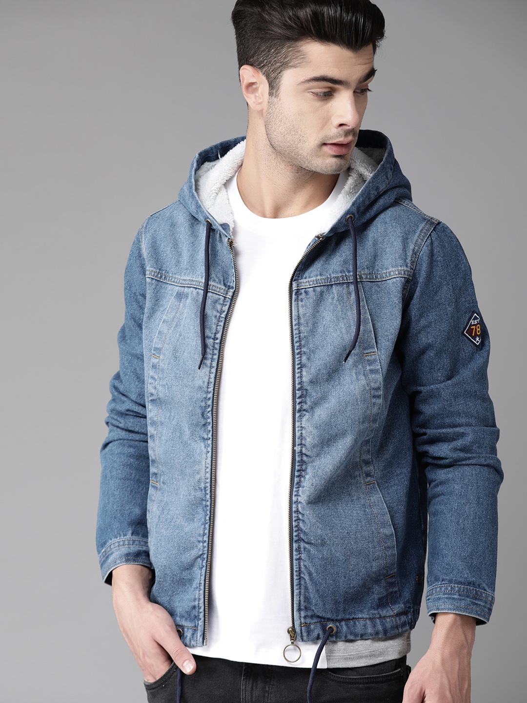 

Roadster Men Blue Washed Hooded Denim Jacket