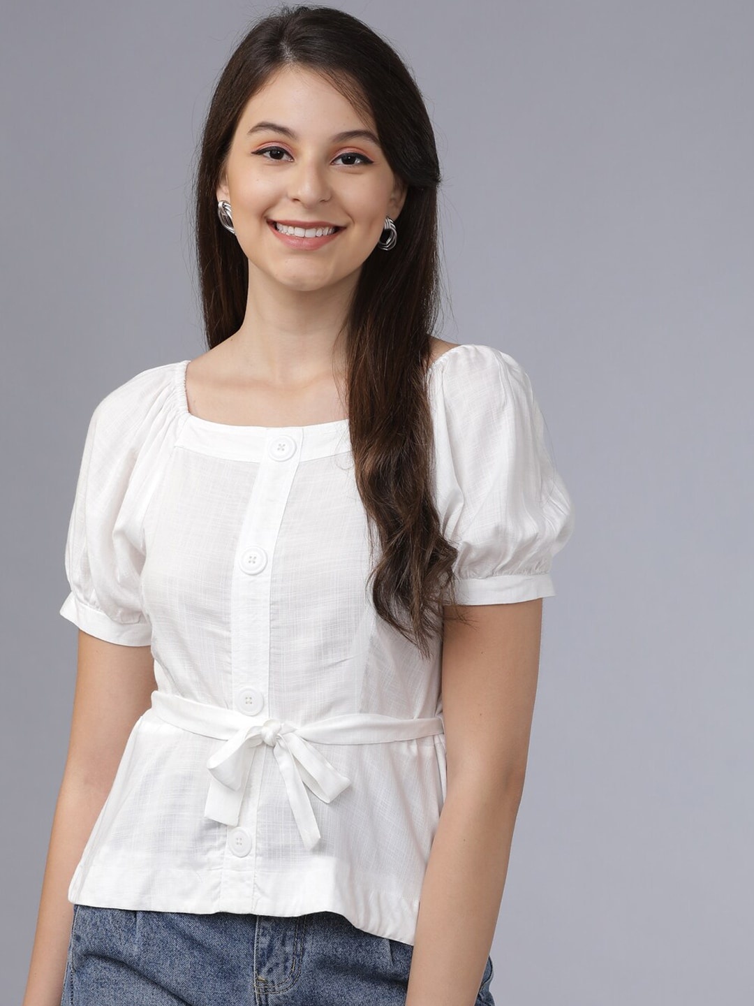 

Tokyo Talkies Women Off-White Solid Cinched Waist Top