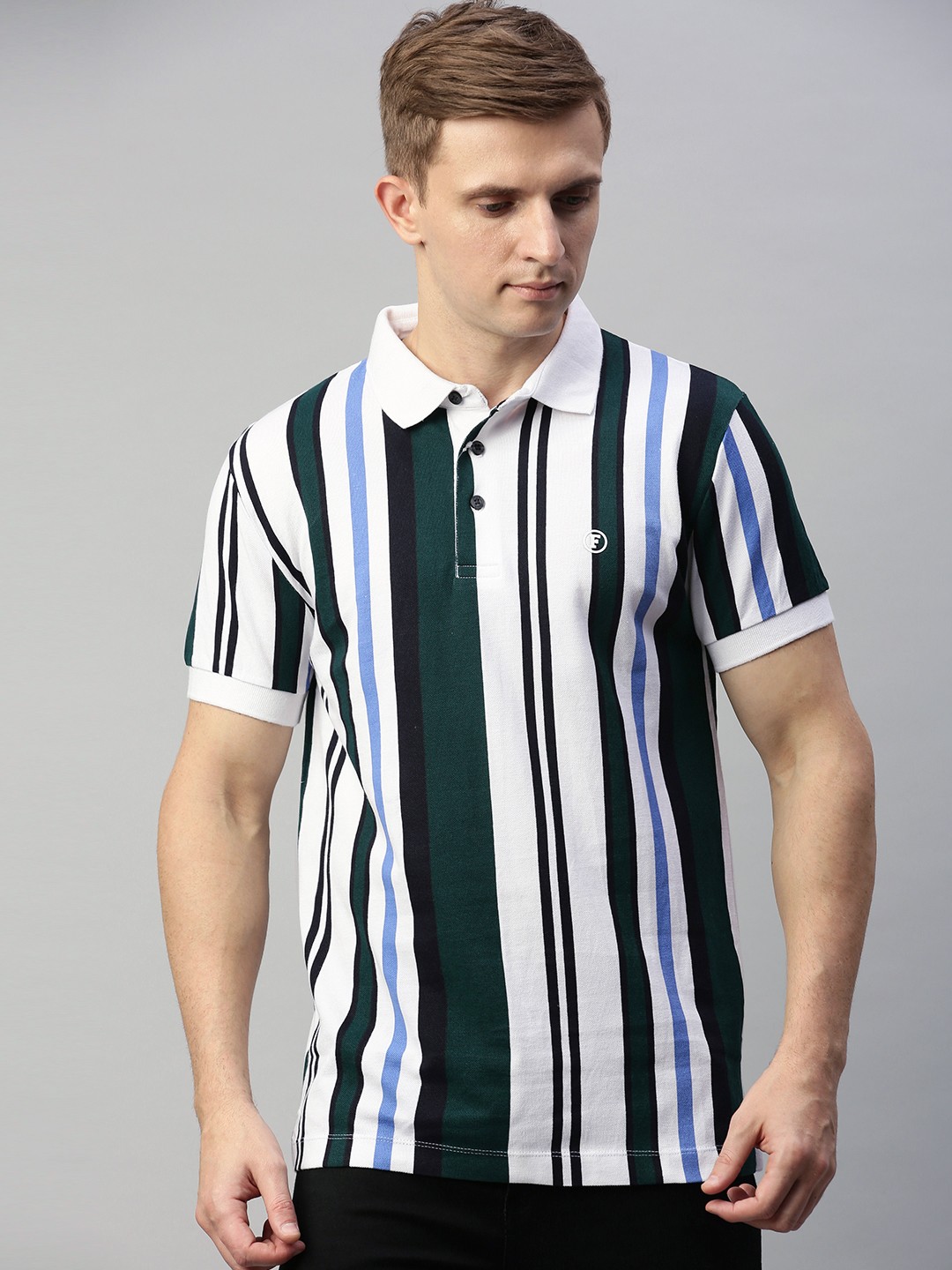 

French Connection Men White Green Striped Slim Fit Polo Collar Pure Cotton T-shirt
