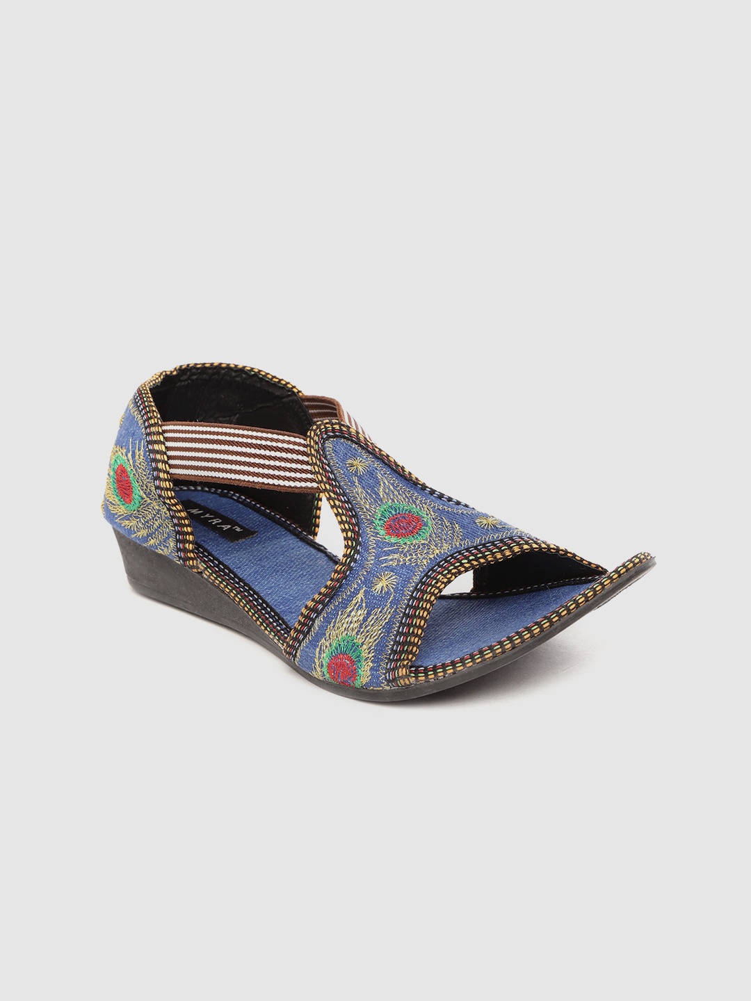 

Myra Women Blue & Gold-Toned Embroidered Open Toe Flats