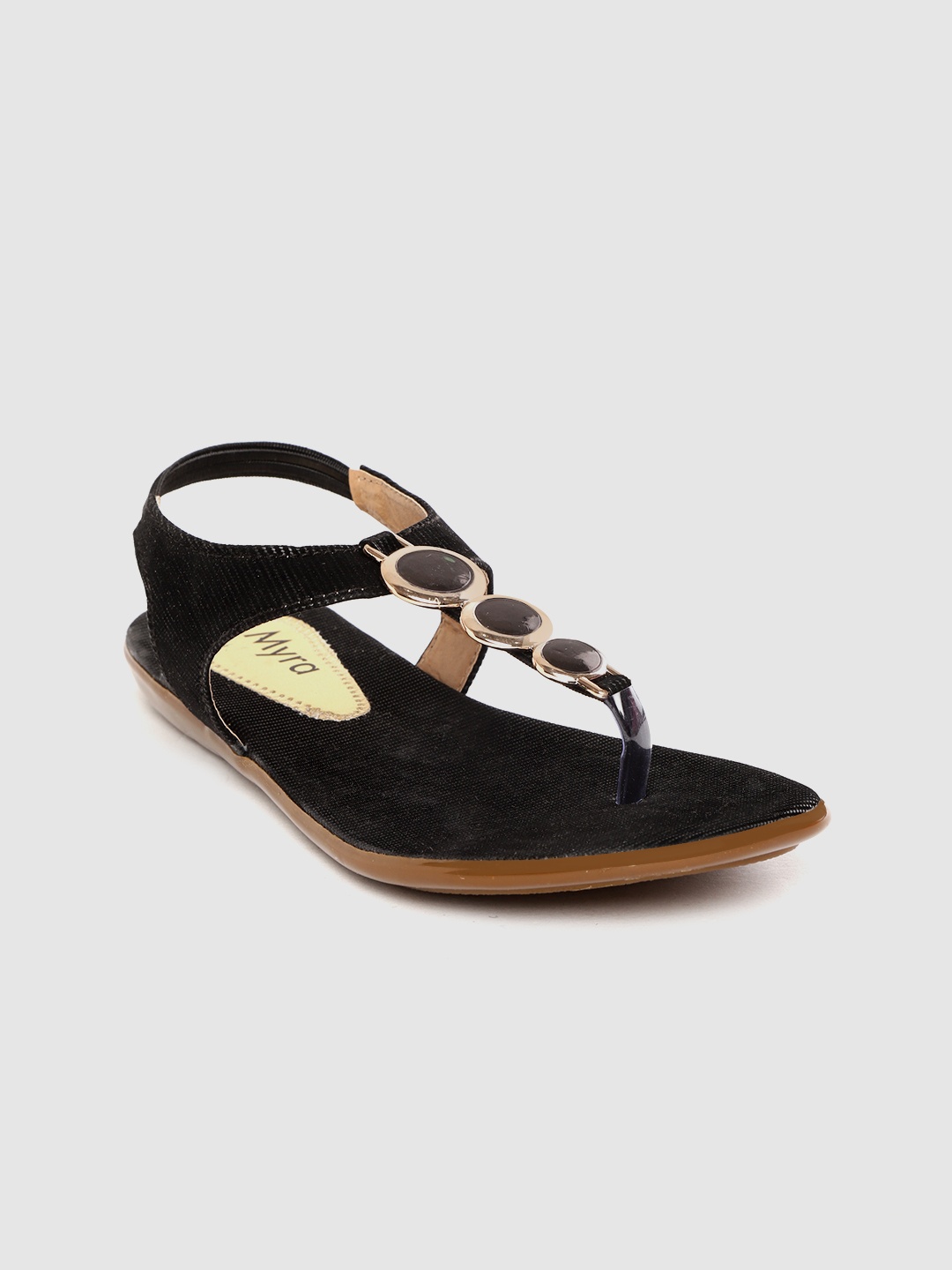 

Myra Women Black Solid T-Strap Flats with Embellished Detail