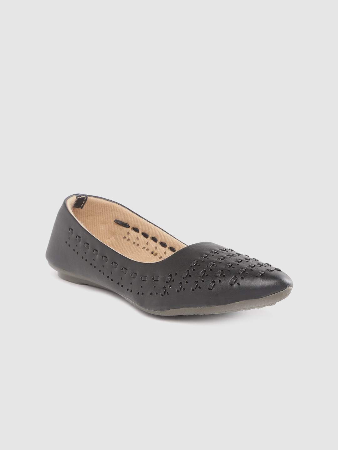 

Myra Women Black Woven Design Ballerinas with Laser Cut Detail