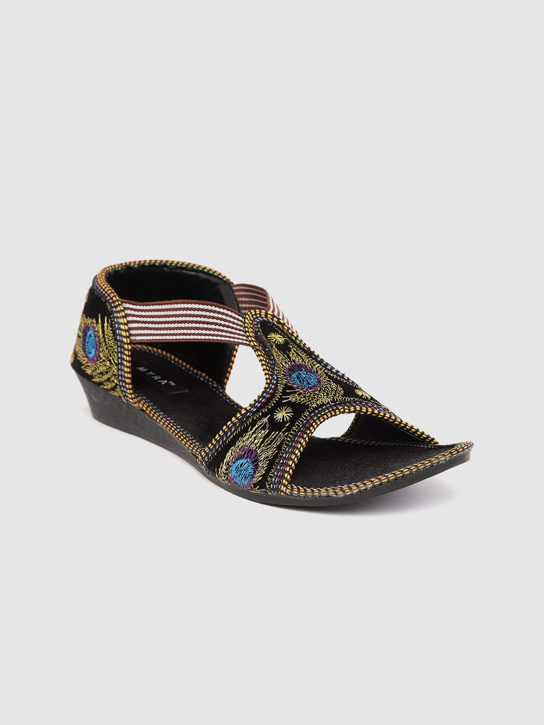

Myra Women Black & Gold-Toned Embroidered Velvet Open Toe Flats